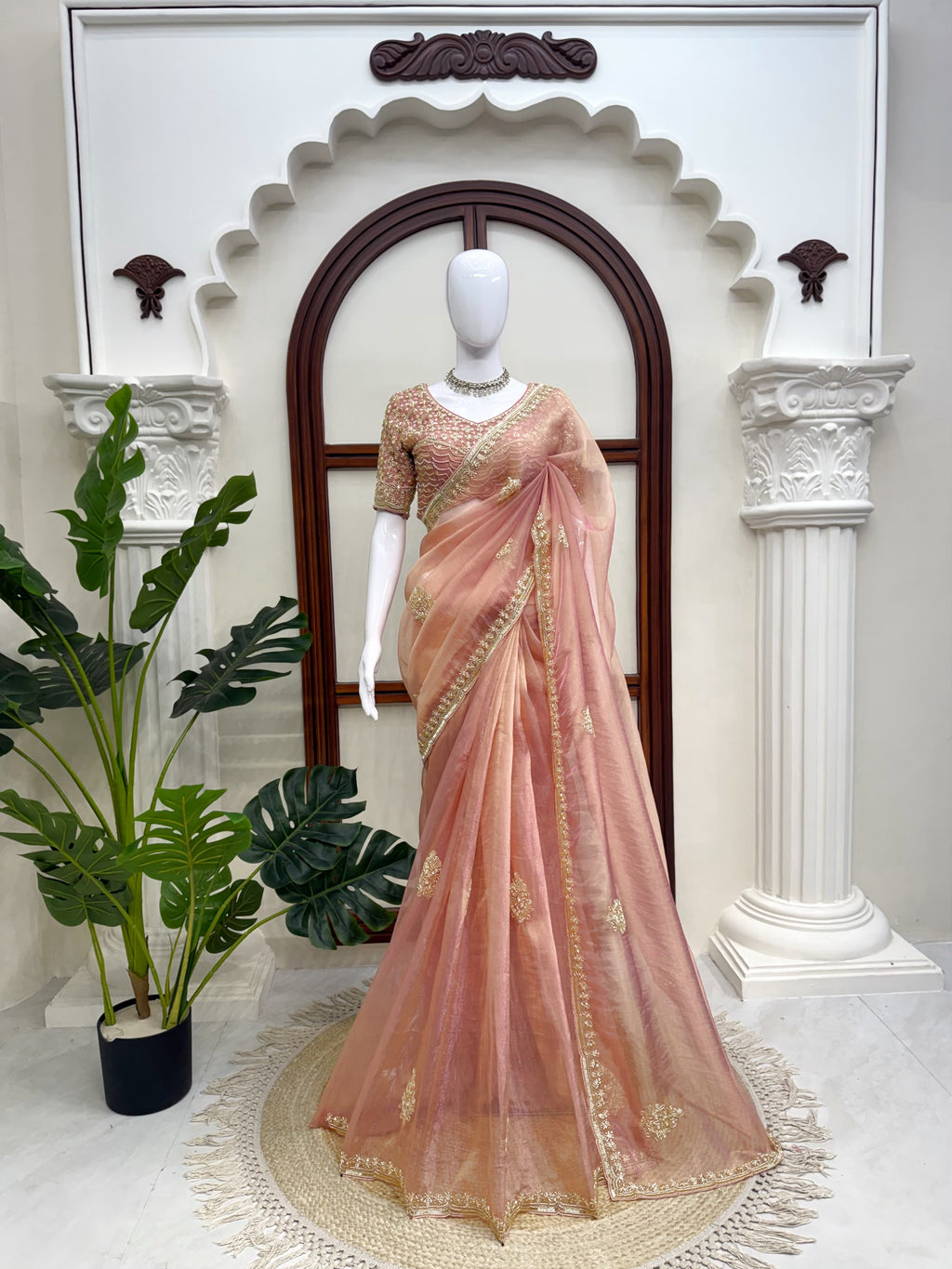 Premium Salsa Silk Saree with Pearl & Heavy Beads Handwork