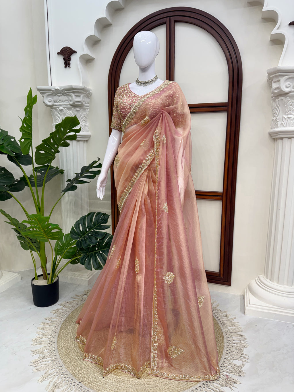 Premium Salsa Silk Saree with Pearl & Heavy Beads Handwork