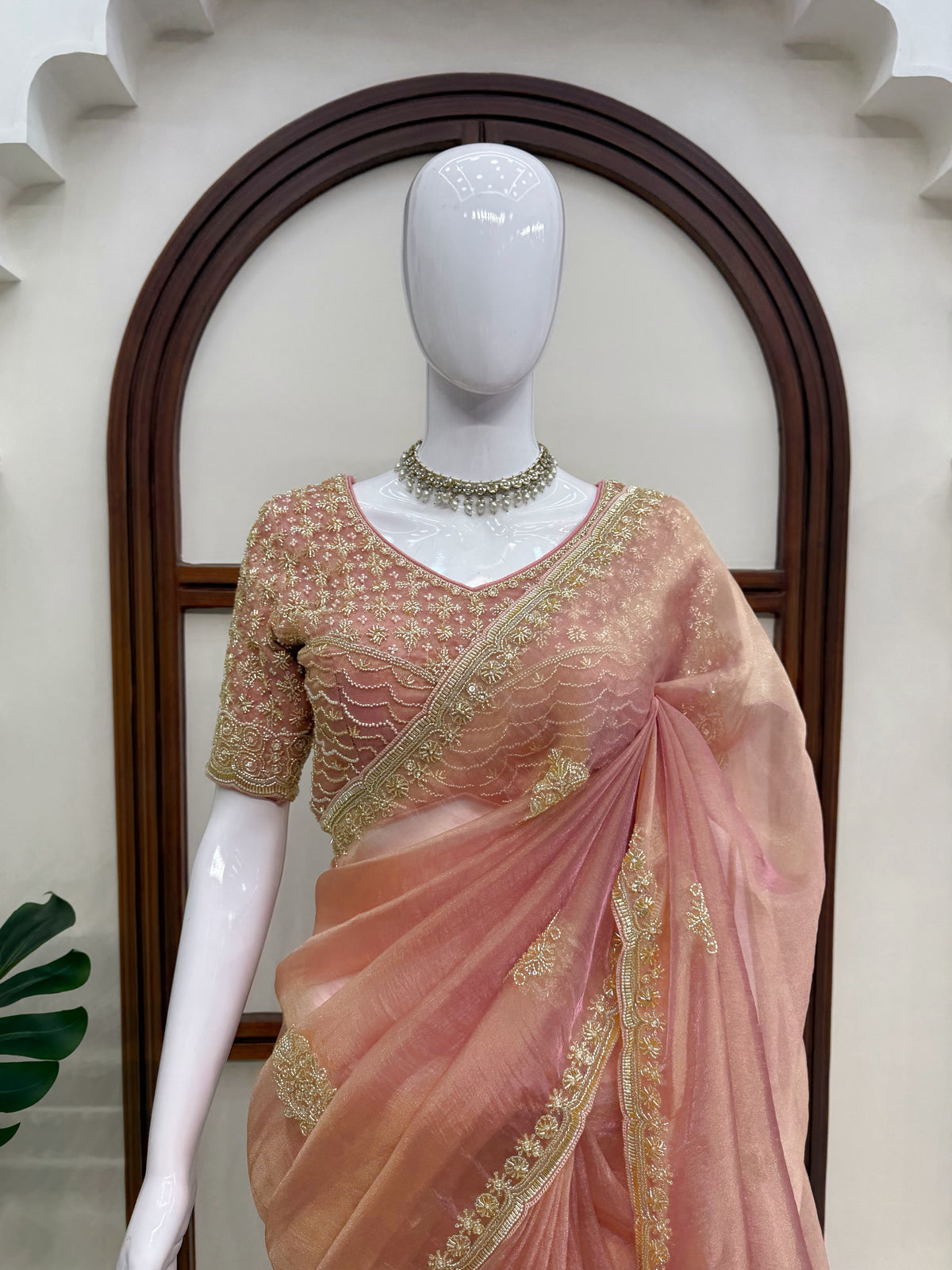 Premium Salsa Silk Saree with Pearl & Heavy Beads Handwork