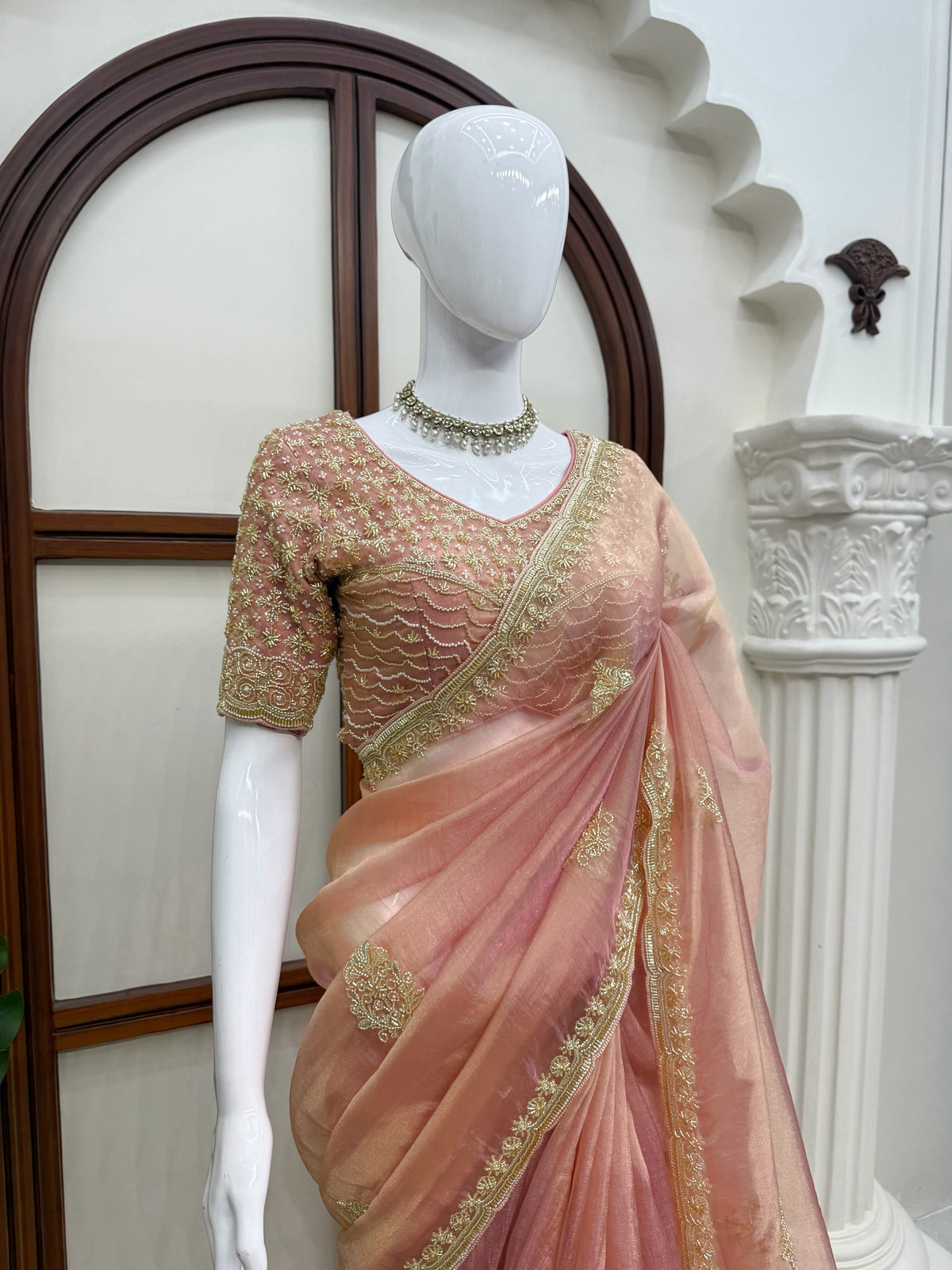 Premium Salsa Silk Saree with Pearl & Heavy Beads Handwork
