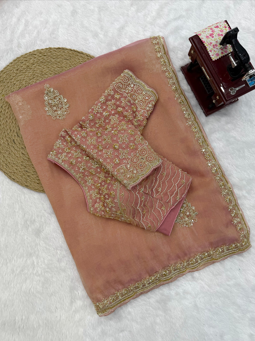 Premium Salsa Silk Saree with Pearl & Heavy Beads Handwork