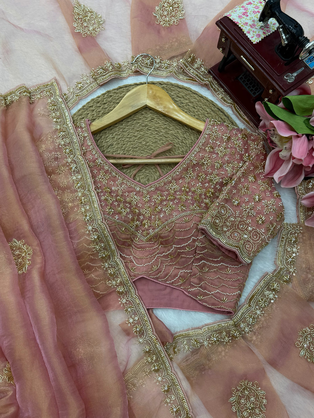 Premium Salsa Silk Saree with Pearl & Heavy Beads Handwork