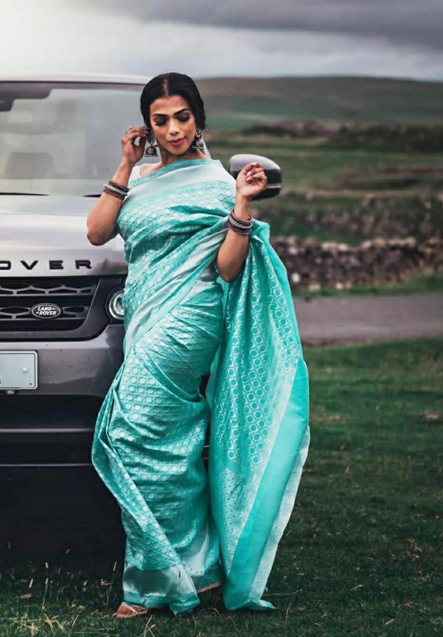 Aqua Blue Soft Banarasi Silk Saree with Woven Design