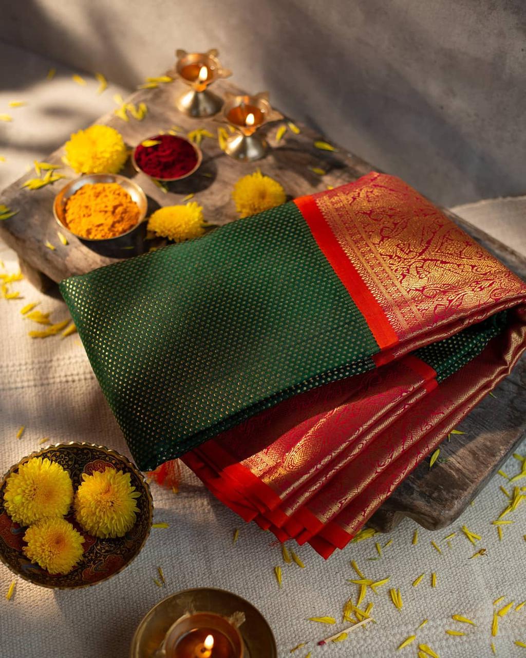 Dark Green Banarasi Woven Silk Saree with Red Zari Border