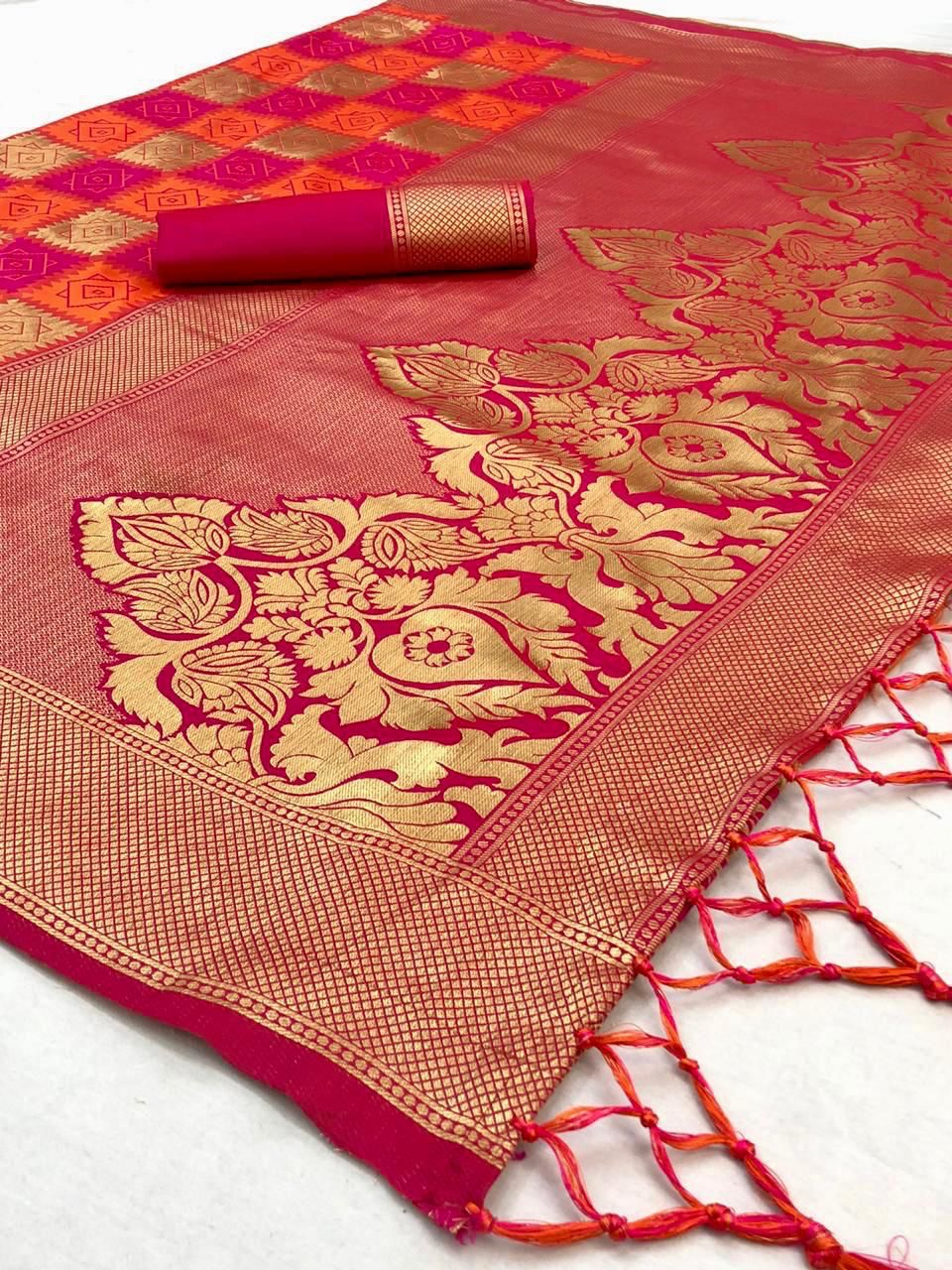 Soft Lichi Silk Jacquard Work Saree with Rich Pallu and Zahlar Tassels