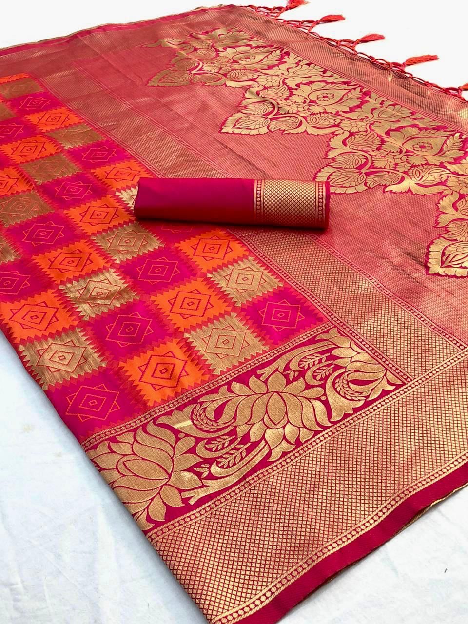 Soft Lichi Silk Jacquard Work Saree with Rich Pallu and Zahlar Tassels