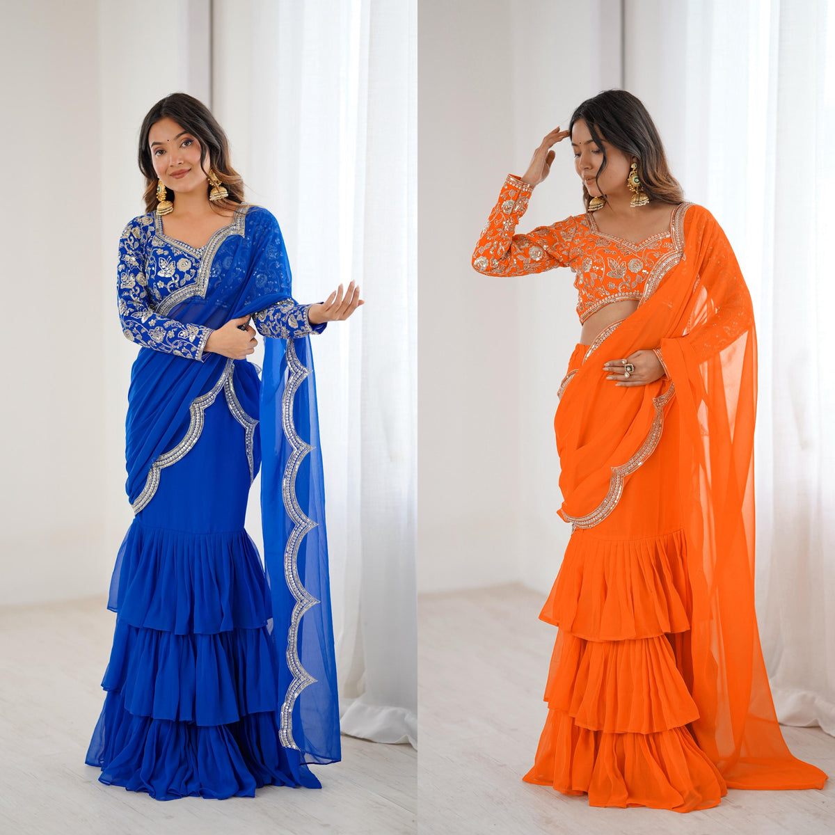 Faux Georgette Ruffle Saree with Thread & Sequin Embroidered Blouse