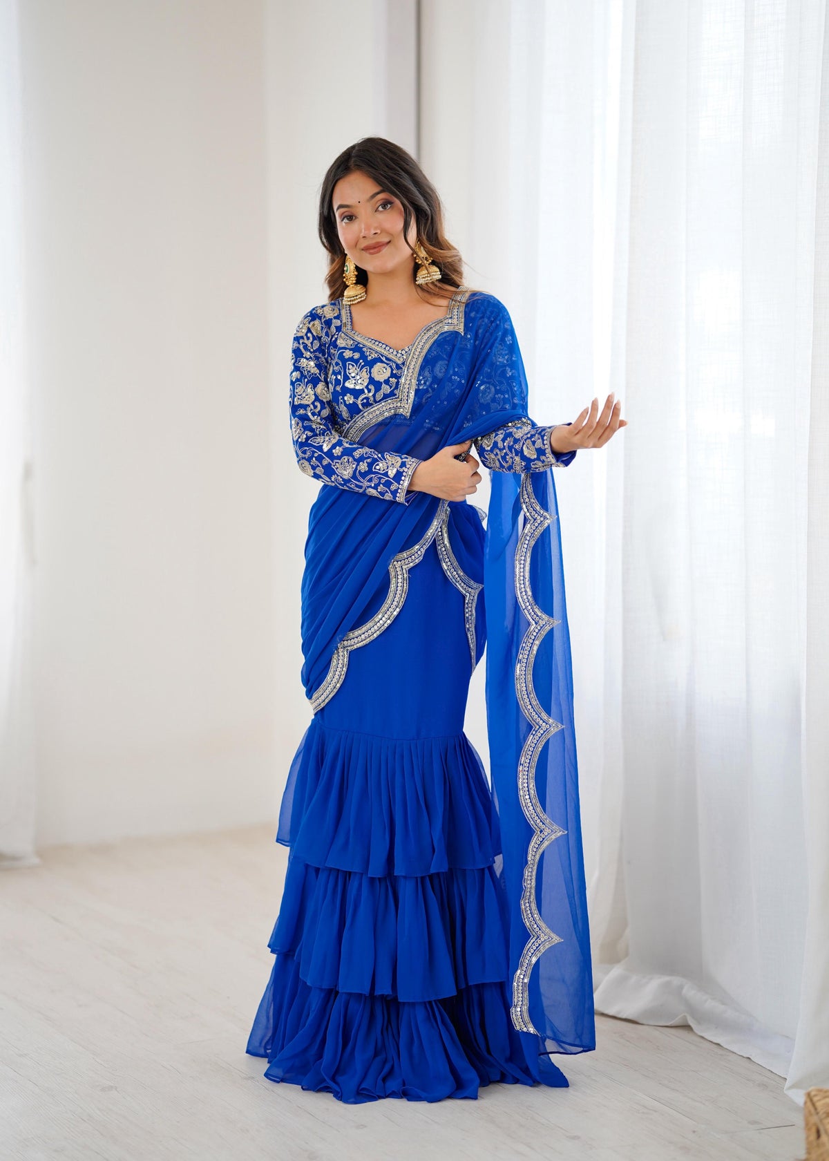 Faux Georgette Ruffle Saree with Thread & Sequin Embroidered Blouse
