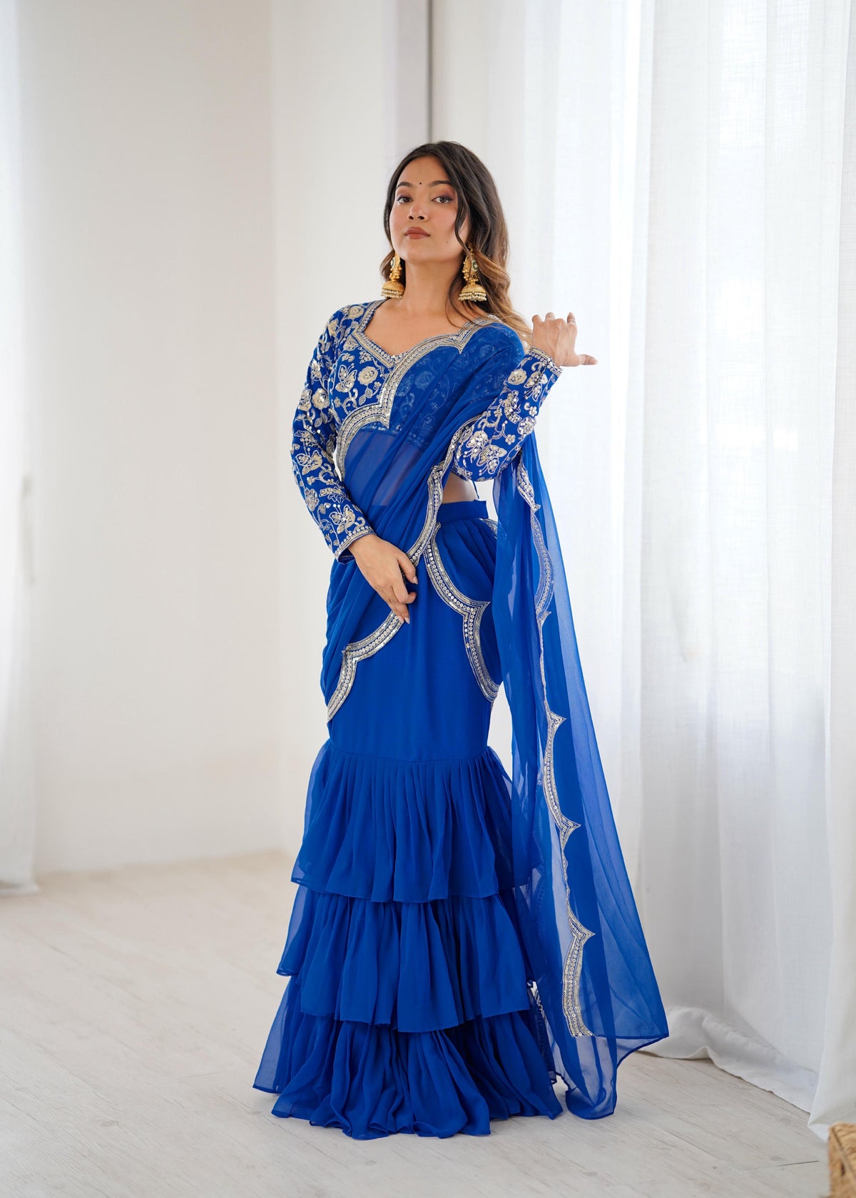 Faux Georgette Ruffle Saree with Thread & Sequin Embroidered Blouse