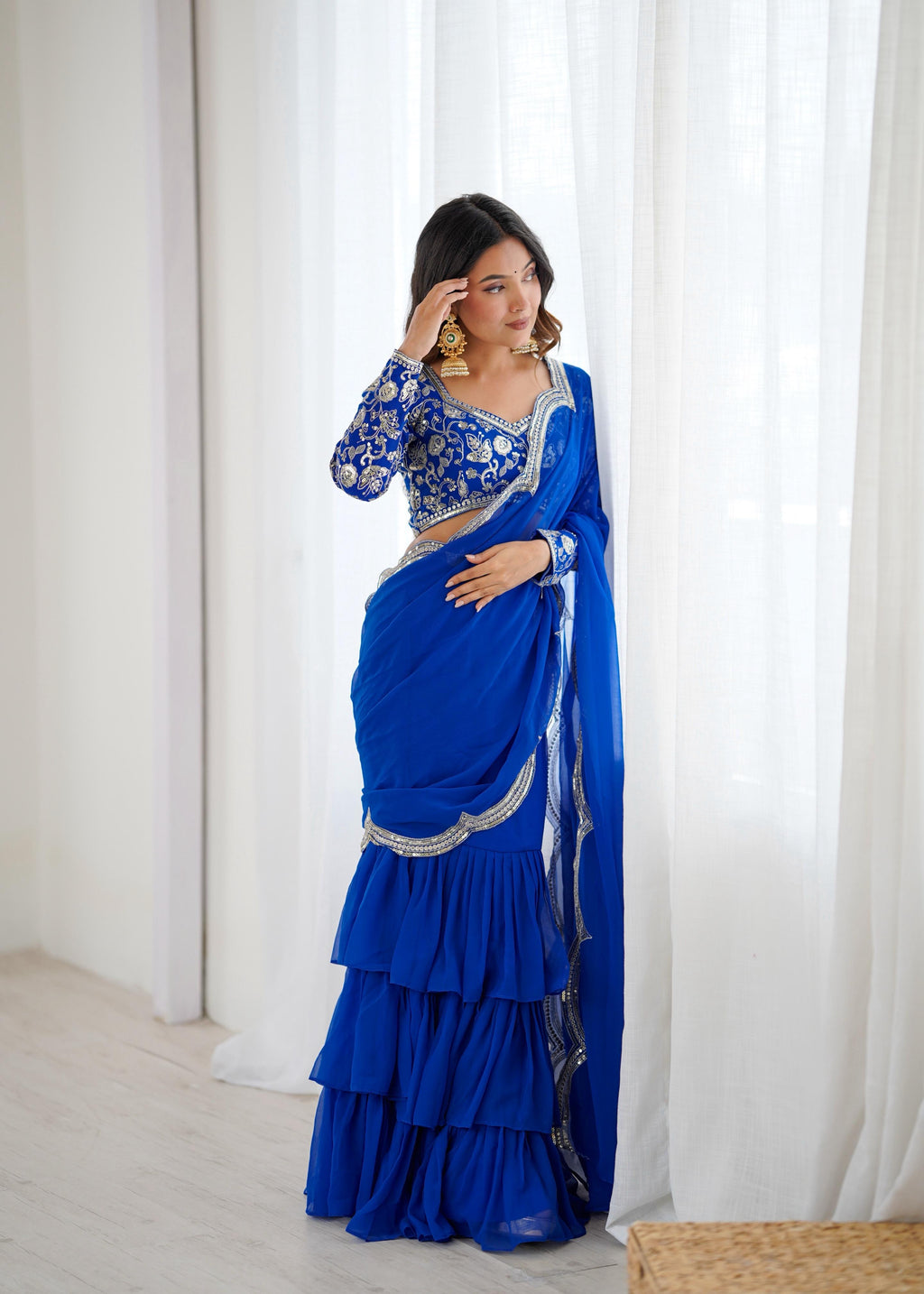 Faux Georgette Ruffle Saree with Thread & Sequin Embroidered Blouse
