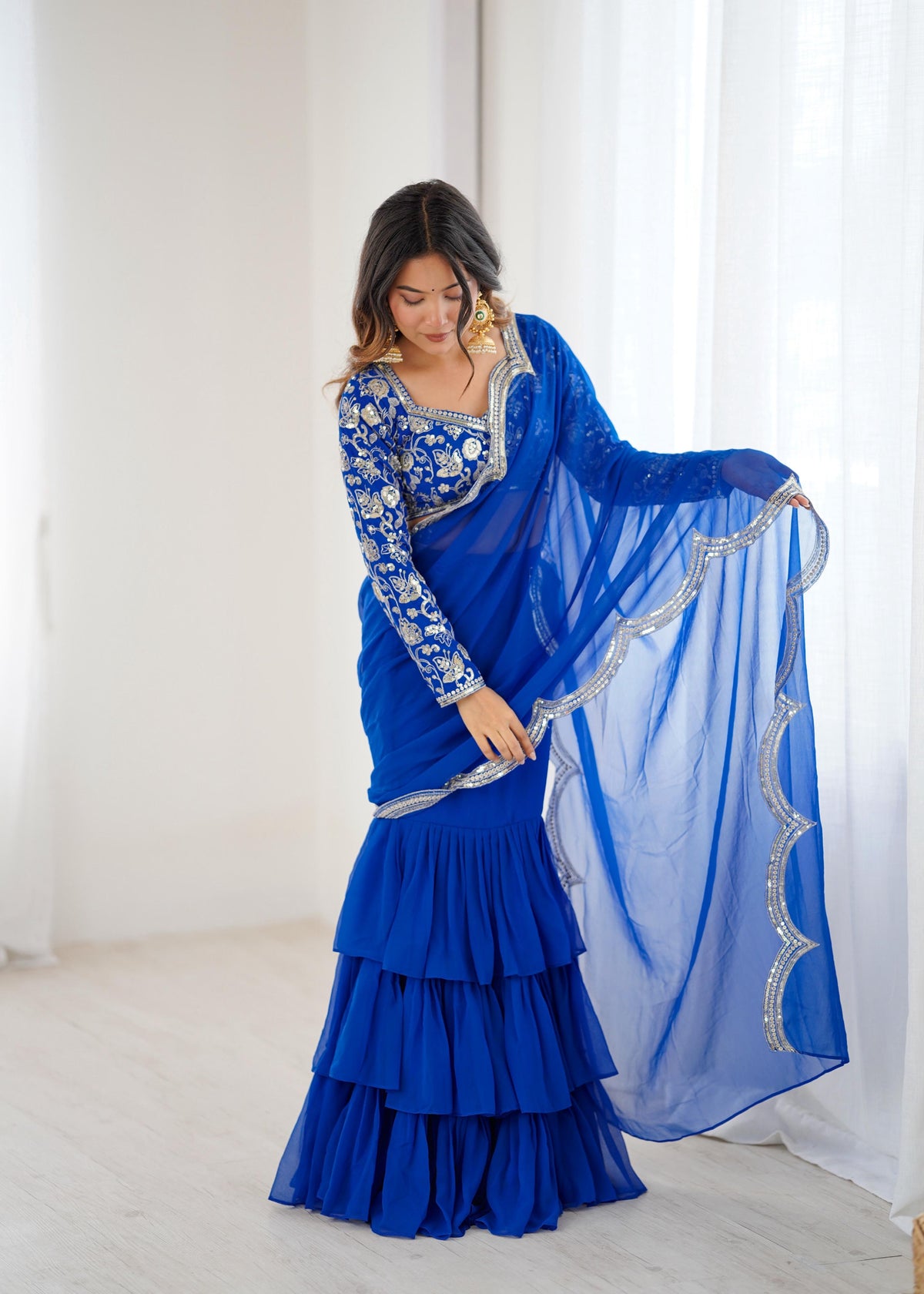Faux Georgette Ruffle Saree with Thread & Sequin Embroidered Blouse