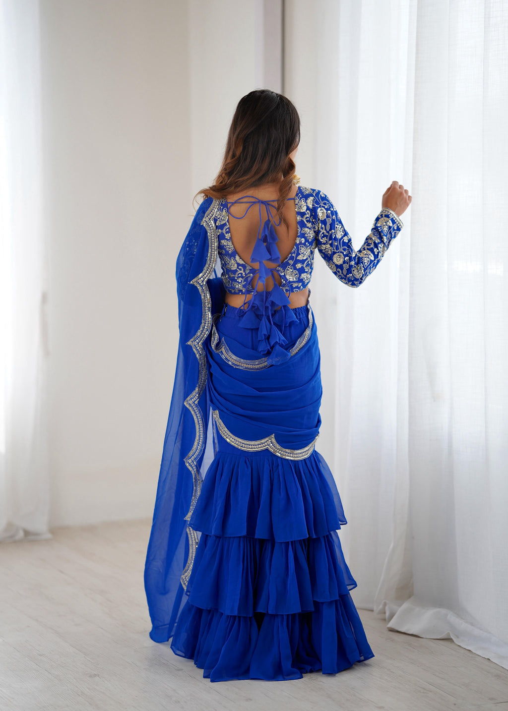 Faux Georgette Ruffle Saree with Thread & Sequin Embroidered Blouse