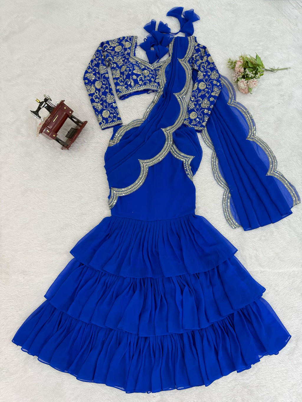 Faux Georgette Ruffle Saree with Thread & Sequin Embroidered Blouse