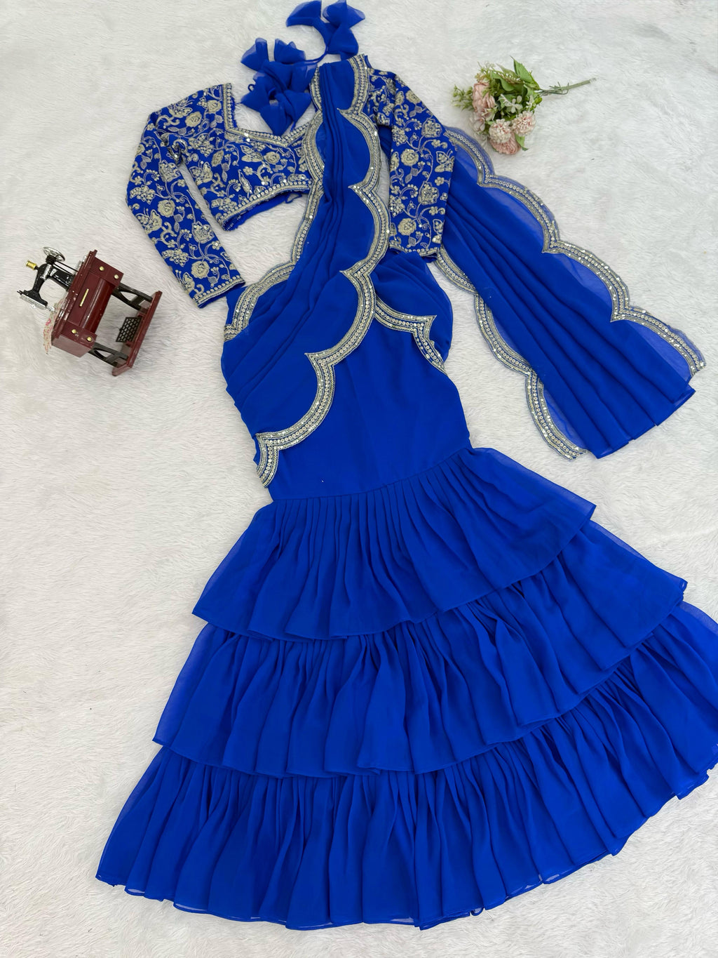 Faux Georgette Ruffle Saree with Thread & Sequin Embroidered Blouse