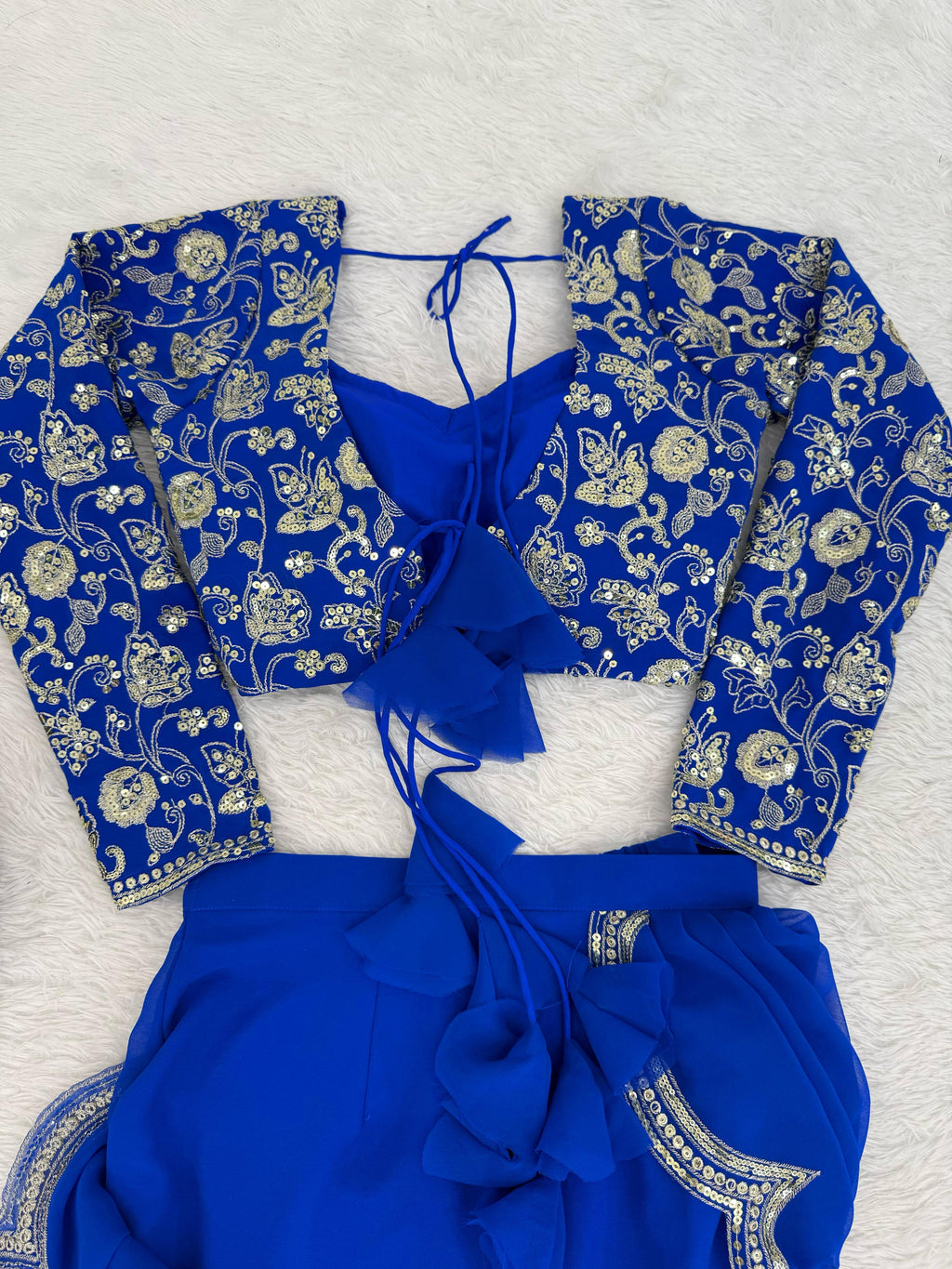 Faux Georgette Ruffle Saree with Thread & Sequin Embroidered Blouse