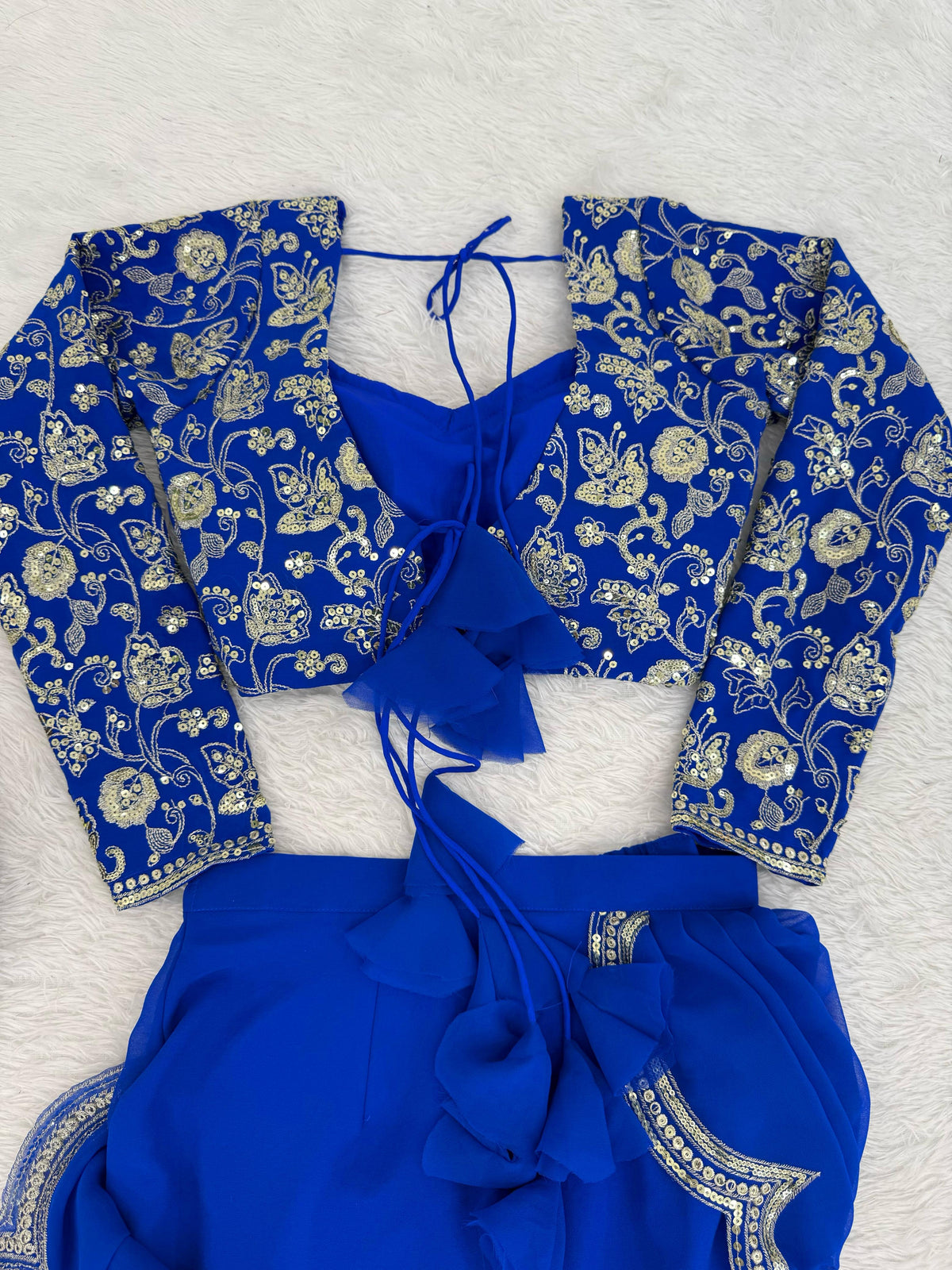 Faux Georgette Ruffle Saree with Thread & Sequin Embroidered Blouse