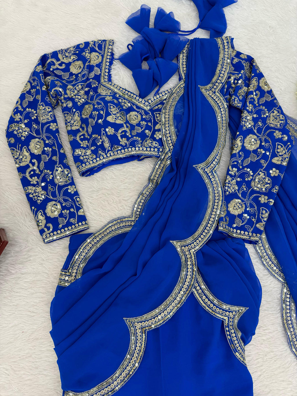 Faux Georgette Ruffle Saree with Thread & Sequin Embroidered Blouse