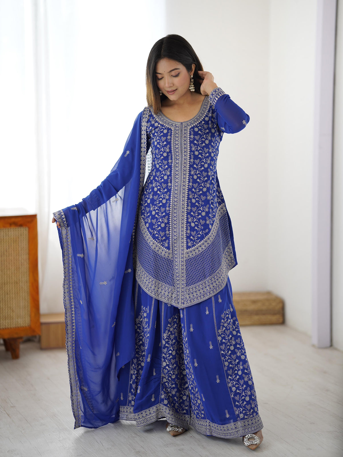 Faux Georgette Top with Shaded Chinon Palazzo & Embroidered Dupatta