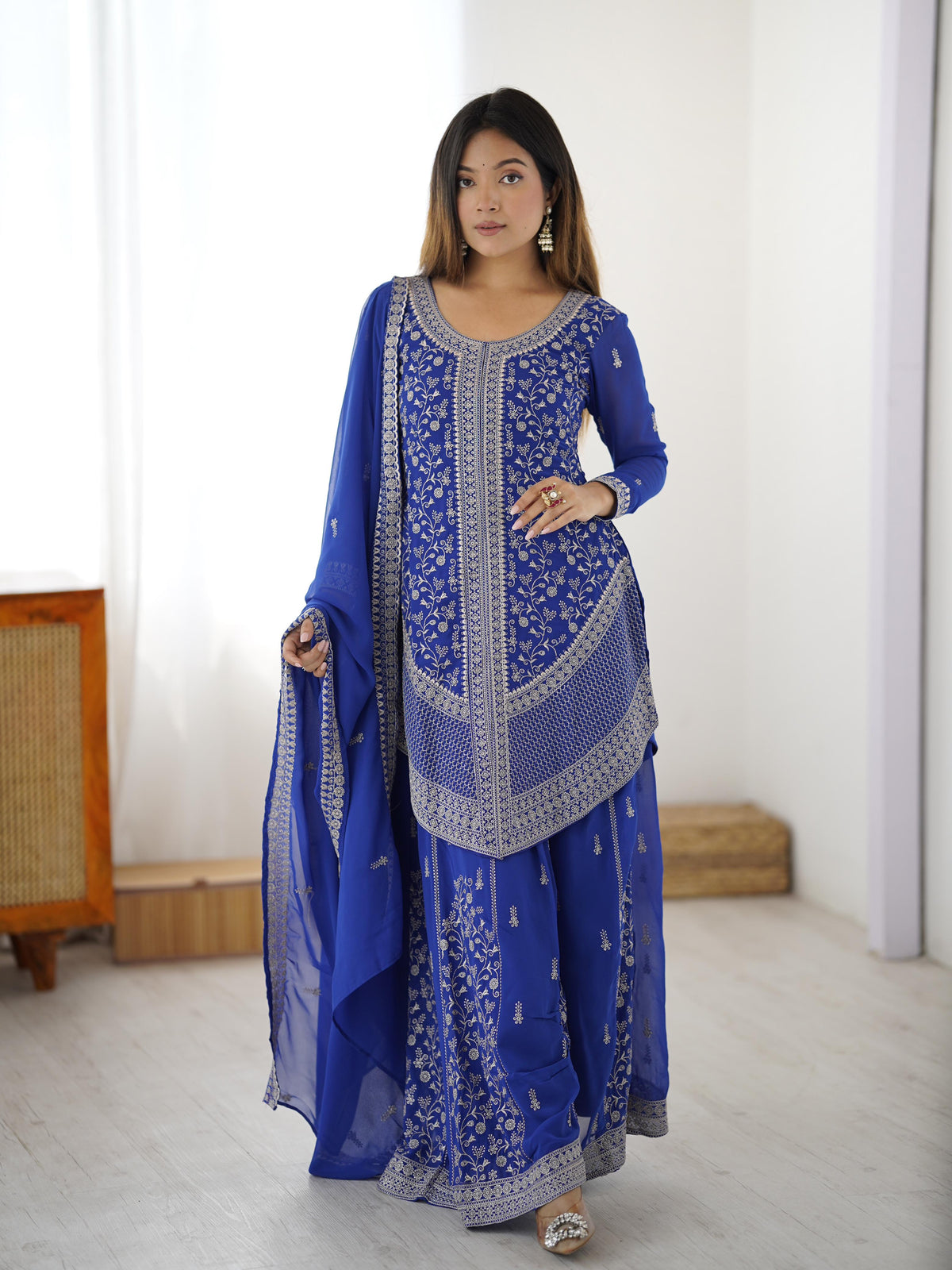 Faux Georgette Top with Shaded Chinon Palazzo & Embroidered Dupatta
