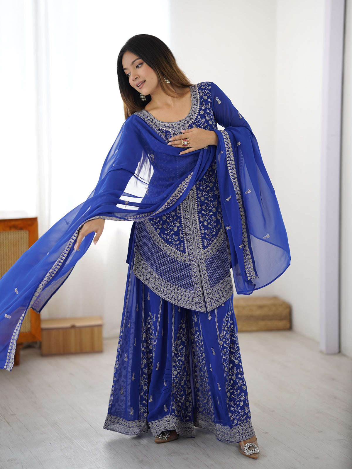 Faux Georgette Top with Shaded Chinon Palazzo & Embroidered Dupatta
