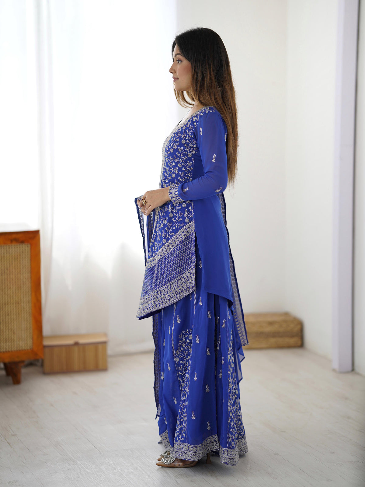 Faux Georgette Top with Shaded Chinon Palazzo & Embroidered Dupatta