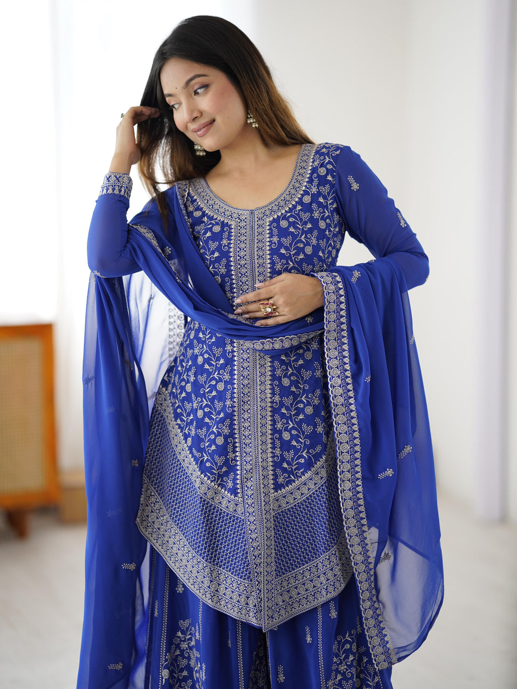 Faux Georgette Top with Shaded Chinon Palazzo & Embroidered Dupatta