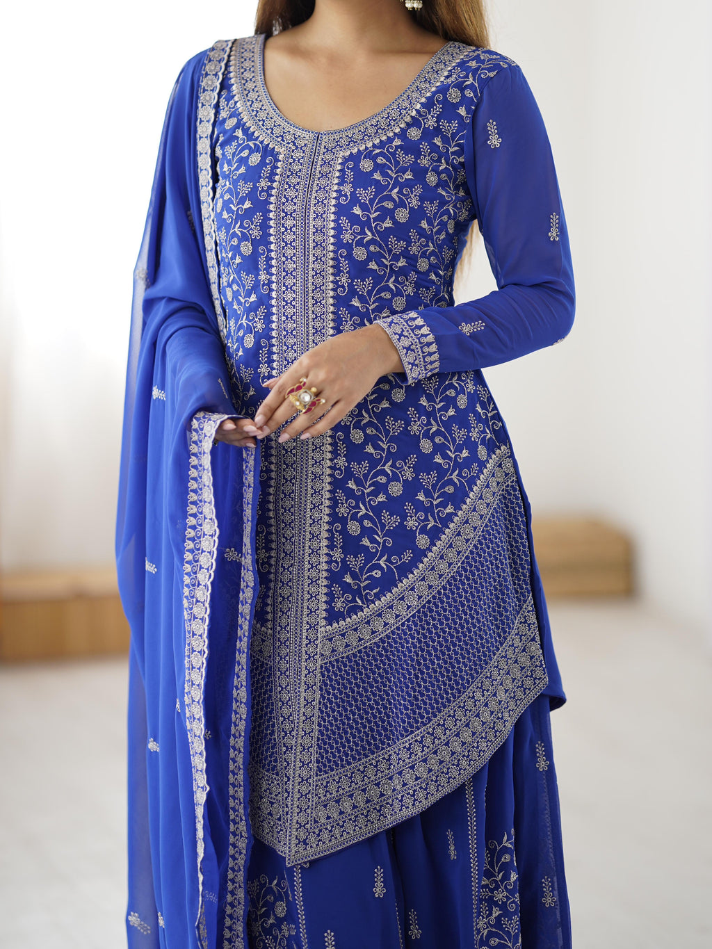Faux Georgette Top with Shaded Chinon Palazzo & Embroidered Dupatta