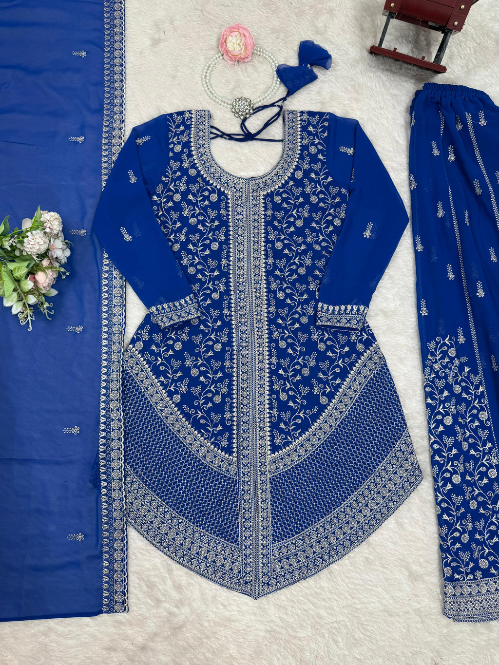 Faux Georgette Top with Shaded Chinon Palazzo & Embroidered Dupatta