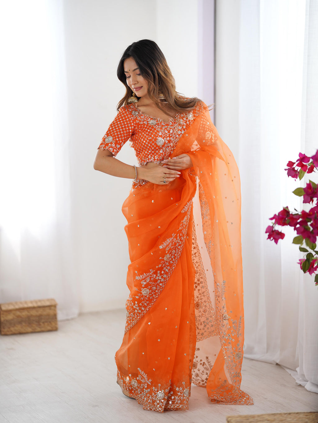 Heavy Organza Silk Saree with Elegant Thread & Sequin Embroidery