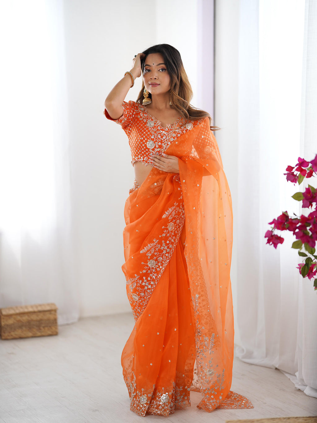 Heavy Organza Silk Saree with Elegant Thread & Sequin Embroidery