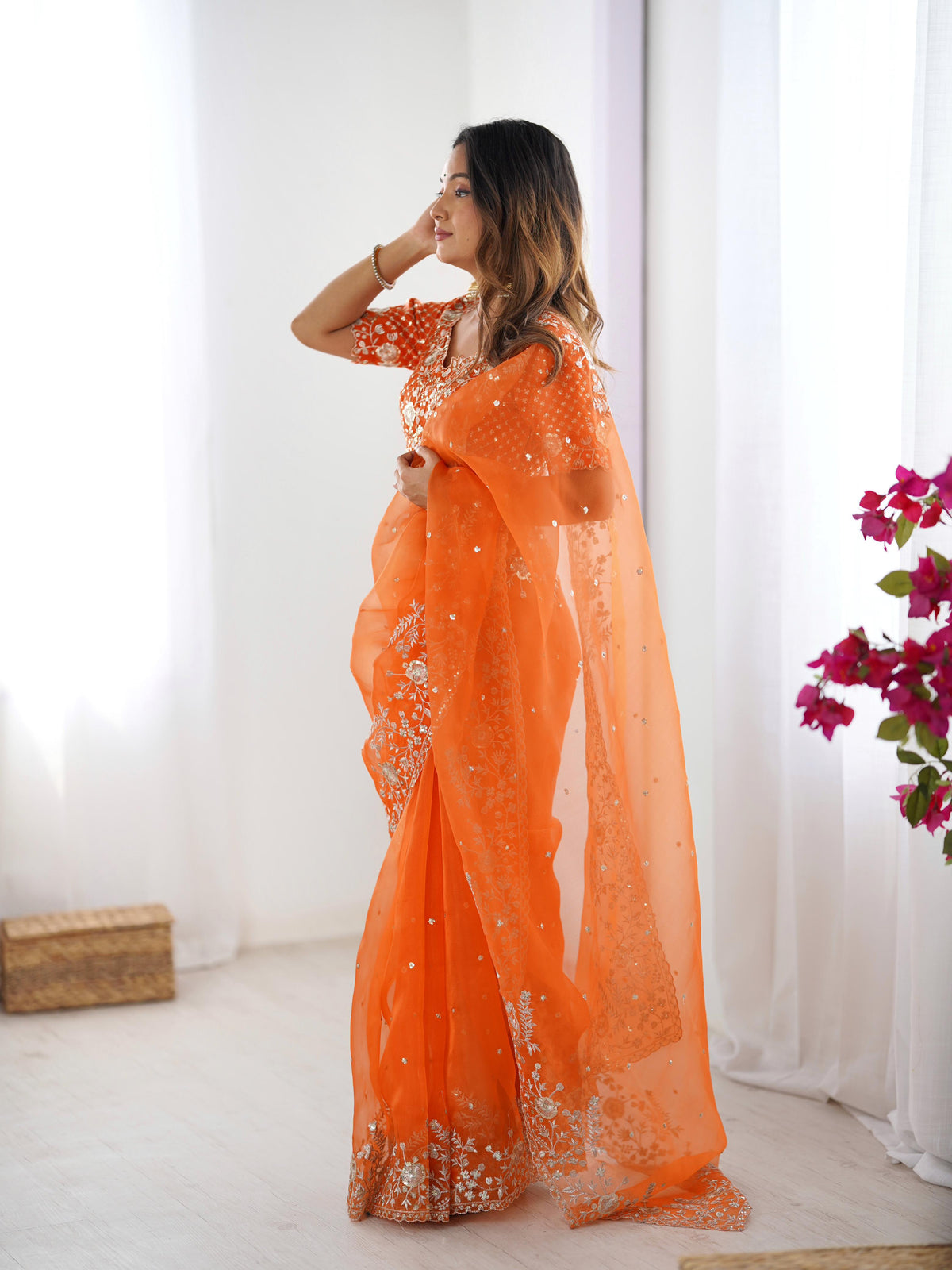 Heavy Organza Silk Saree with Elegant Thread & Sequin Embroidery