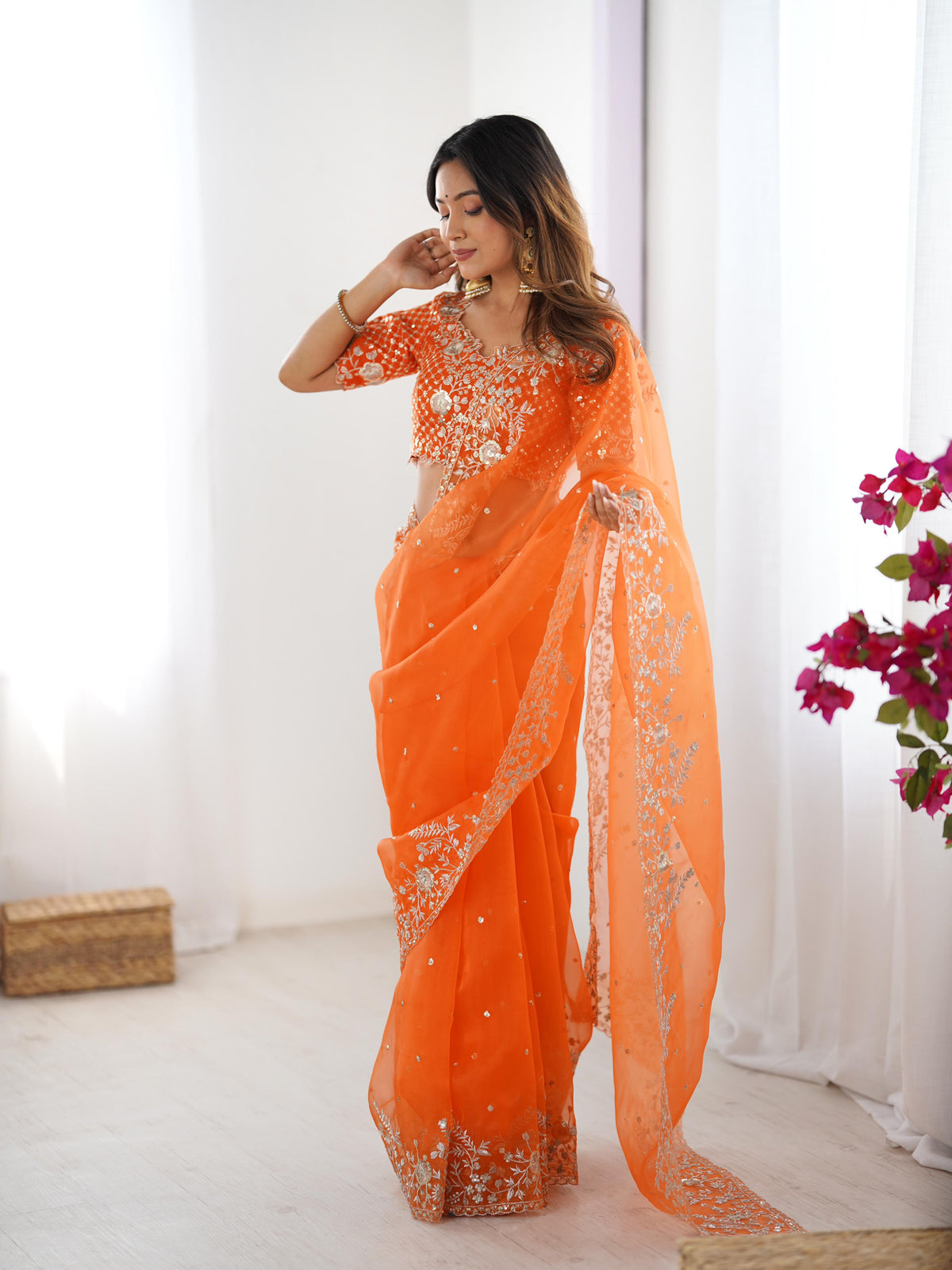 Heavy Organza Silk Saree with Elegant Thread & Sequin Embroidery