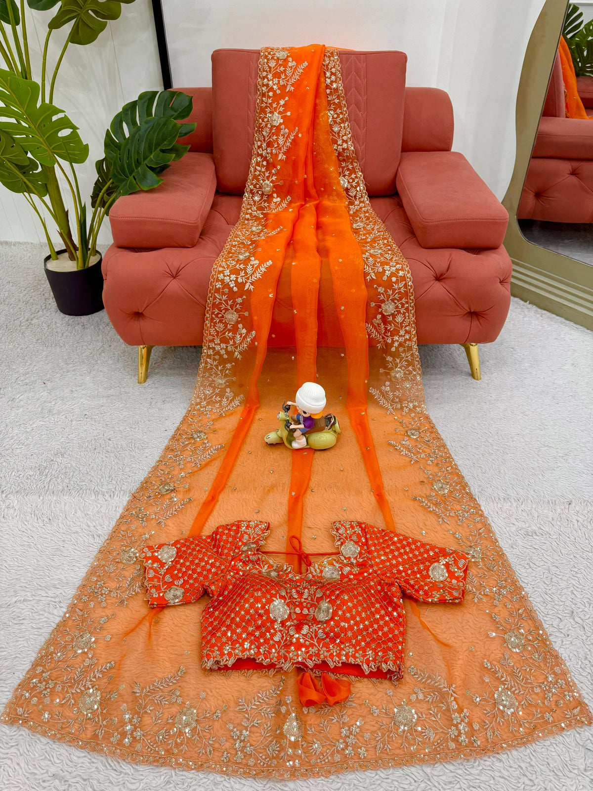 Heavy Organza Silk Saree with Elegant Thread & Sequin Embroidery