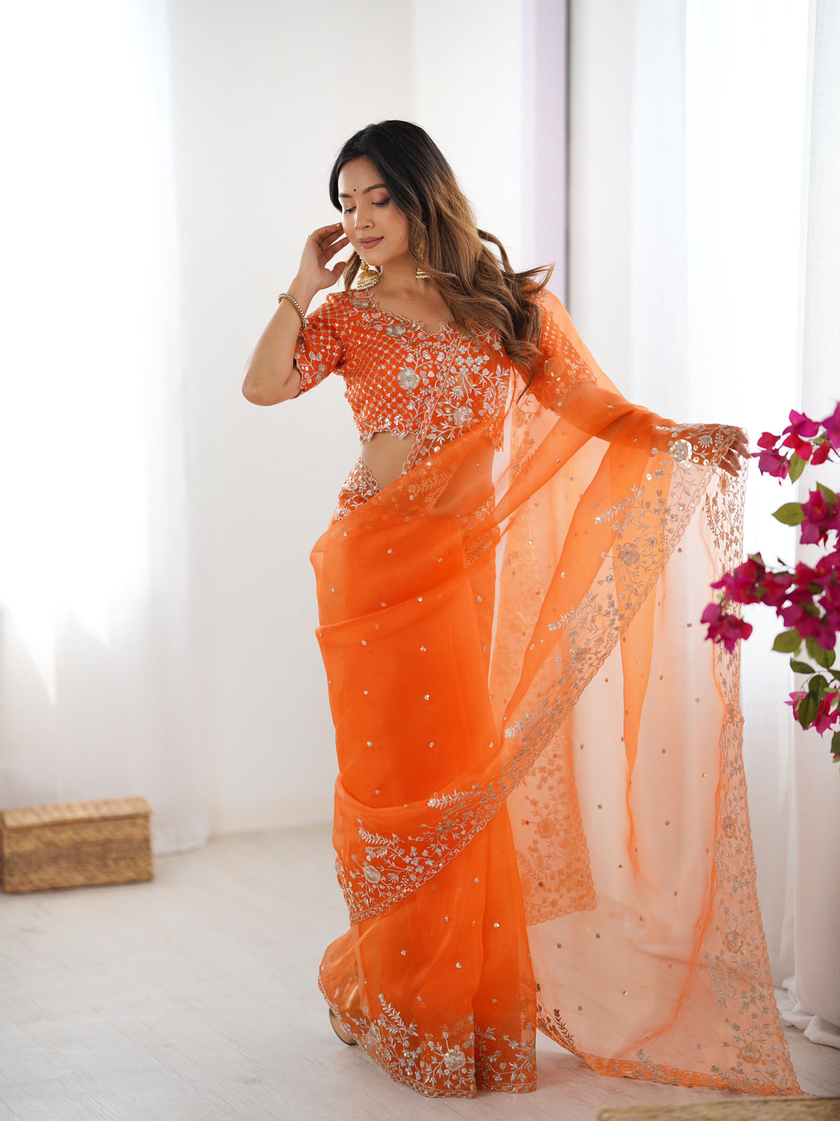 Heavy Organza Silk Saree with Elegant Thread & Sequin Embroidery