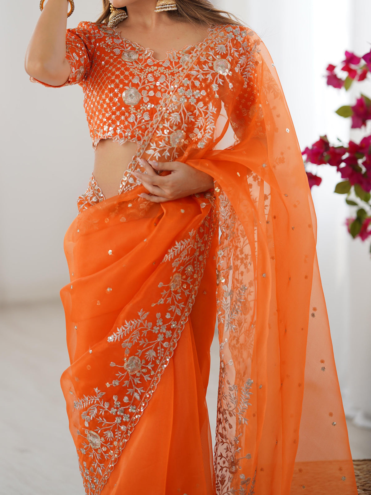 Heavy Organza Silk Saree with Elegant Thread & Sequin Embroidery