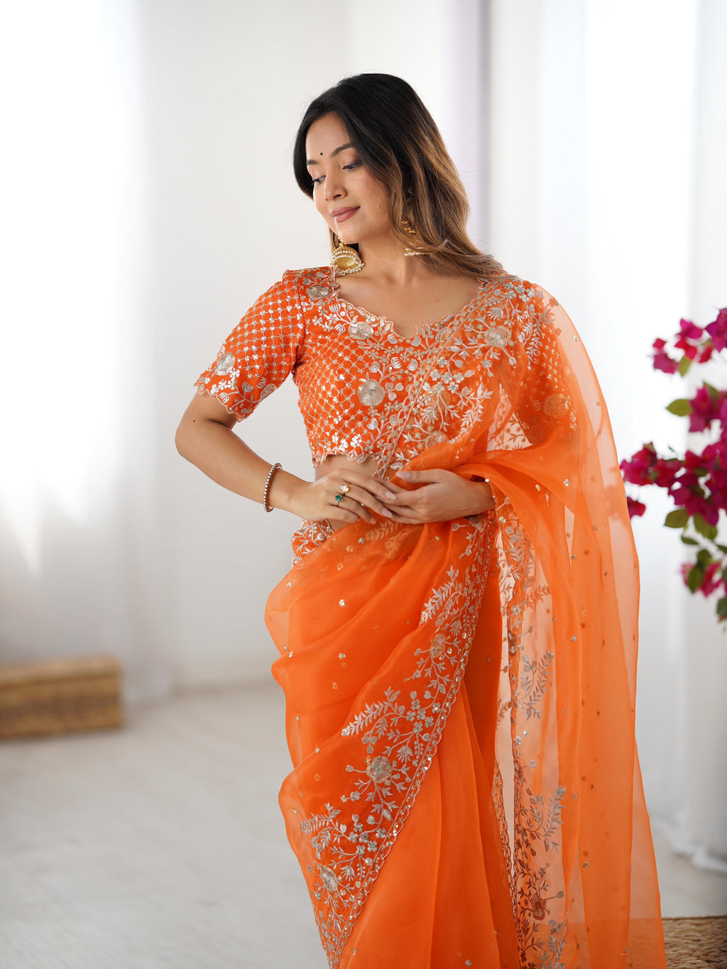 Heavy Organza Silk Saree with Elegant Thread & Sequin Embroidery