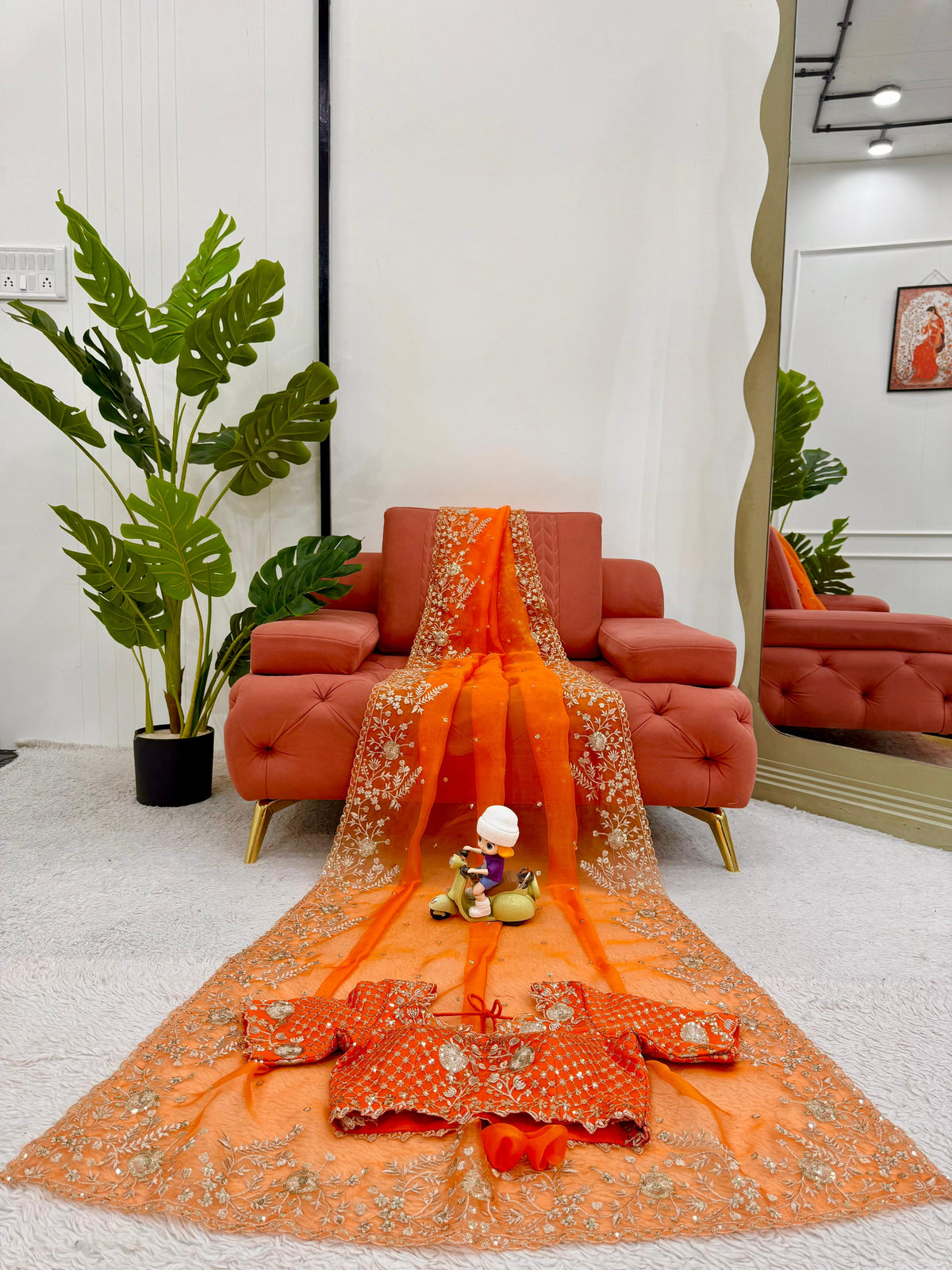 Heavy Organza Silk Saree with Elegant Thread & Sequin Embroidery