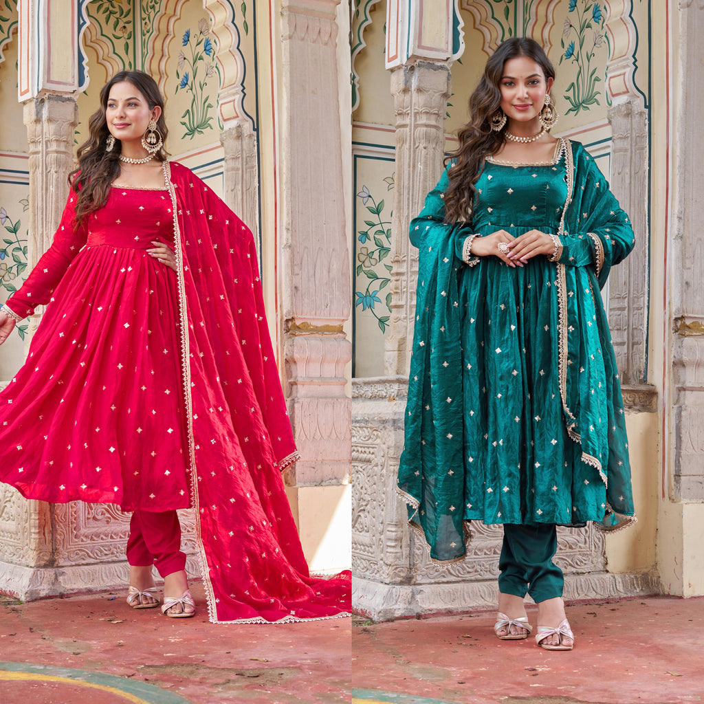 Heavy Fendi Silk Suit with Sequin & Thread Embroidery and Lace Dupatta