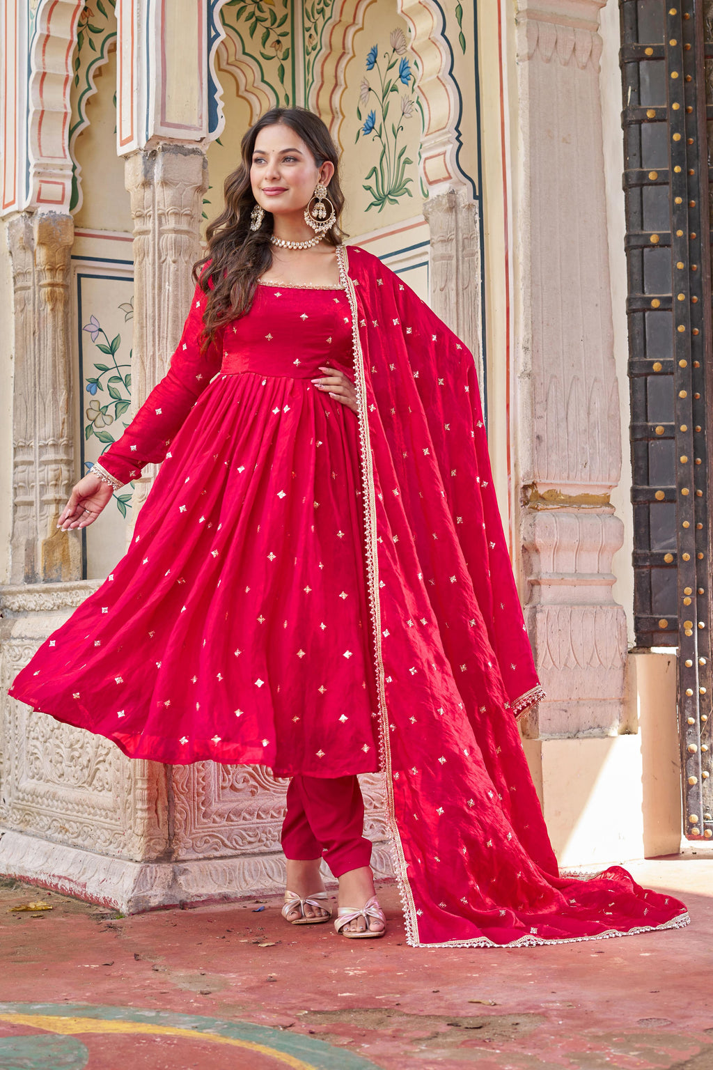 Heavy Fendi Silk Suit with Sequin & Thread Embroidery and Lace Dupatta