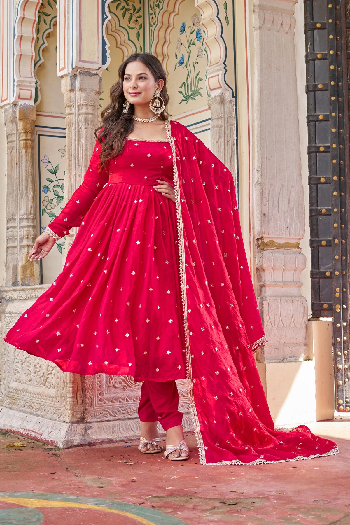 Heavy Fendi Silk Suit with Sequin & Thread Embroidery and Lace Dupatta