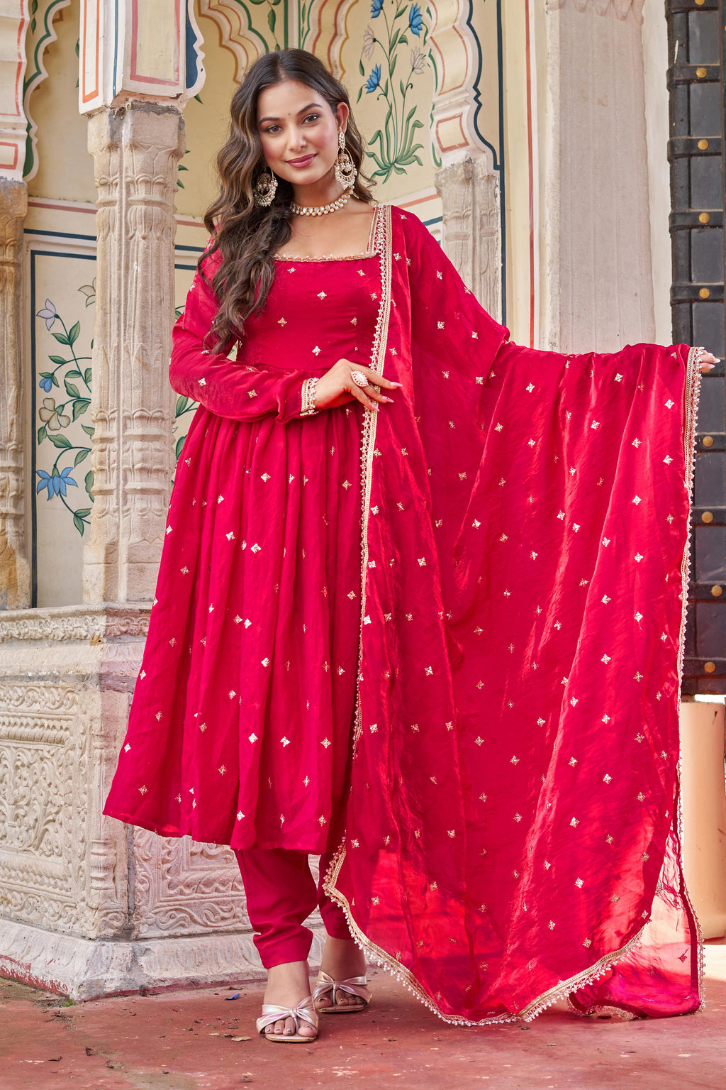 Heavy Fendi Silk Suit with Sequin & Thread Embroidery and Lace Dupatta