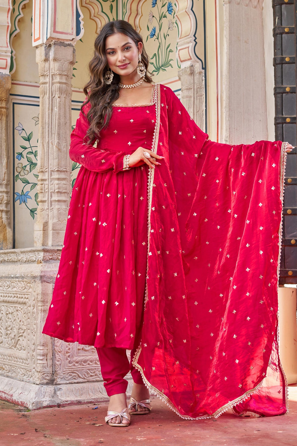 Heavy Fendi Silk Suit with Sequin & Thread Embroidery and Lace Dupatta
