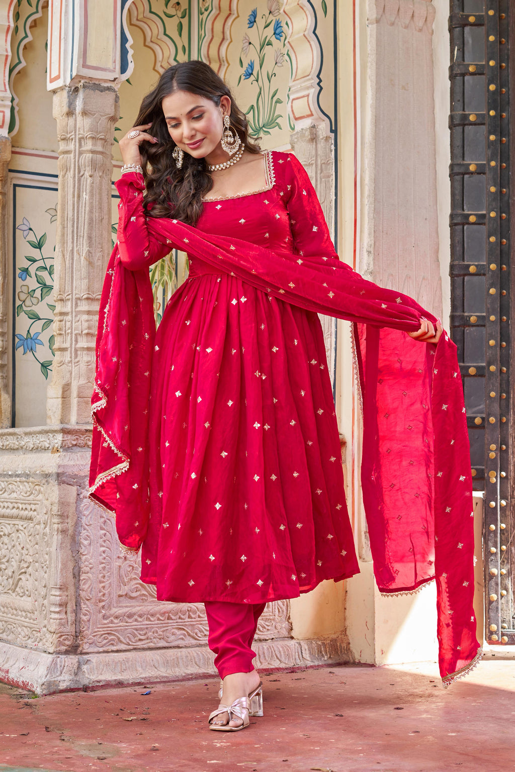 Heavy Fendi Silk Suit with Sequin & Thread Embroidery and Lace Dupatta