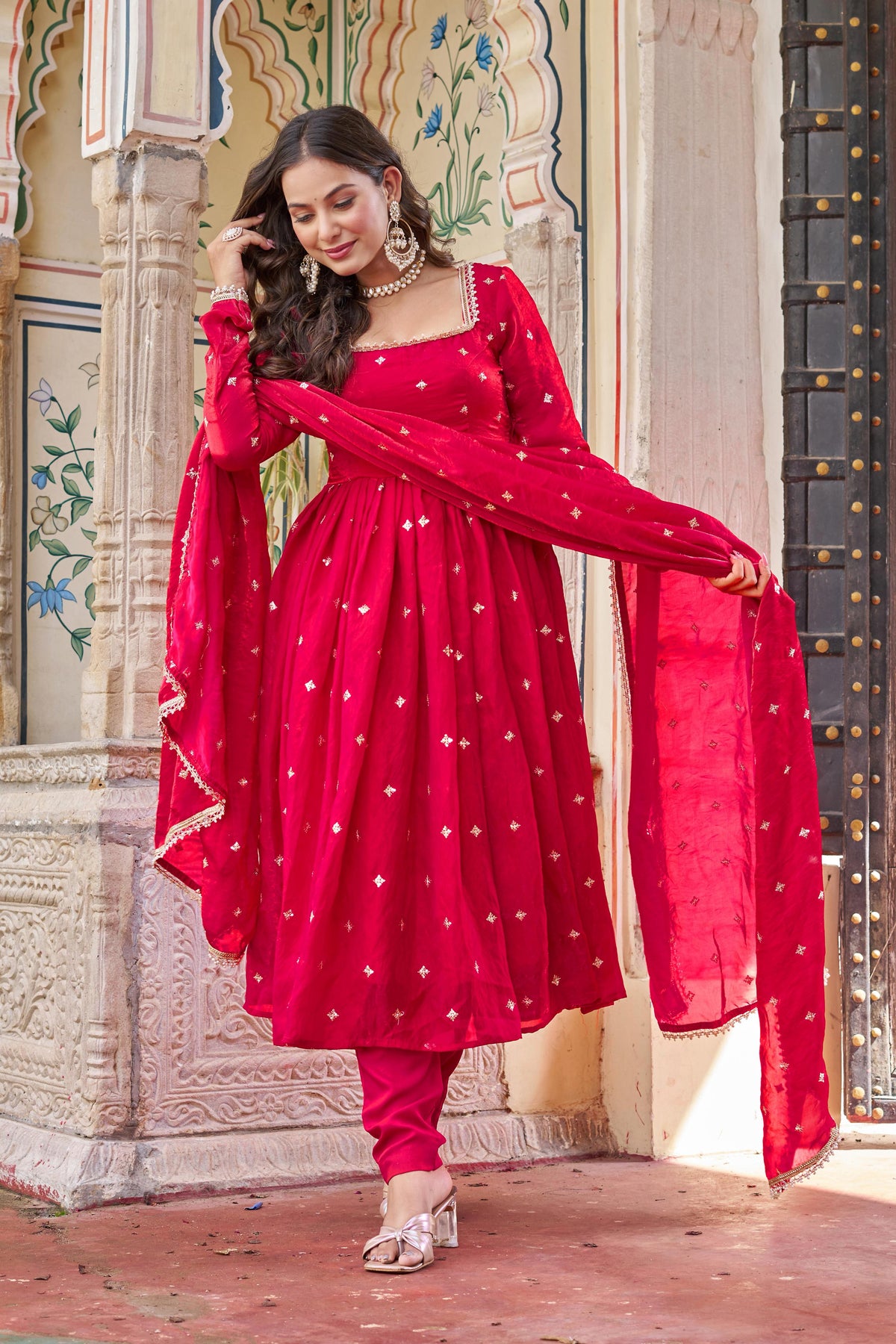 Heavy Fendi Silk Suit with Sequin & Thread Embroidery and Lace Dupatta