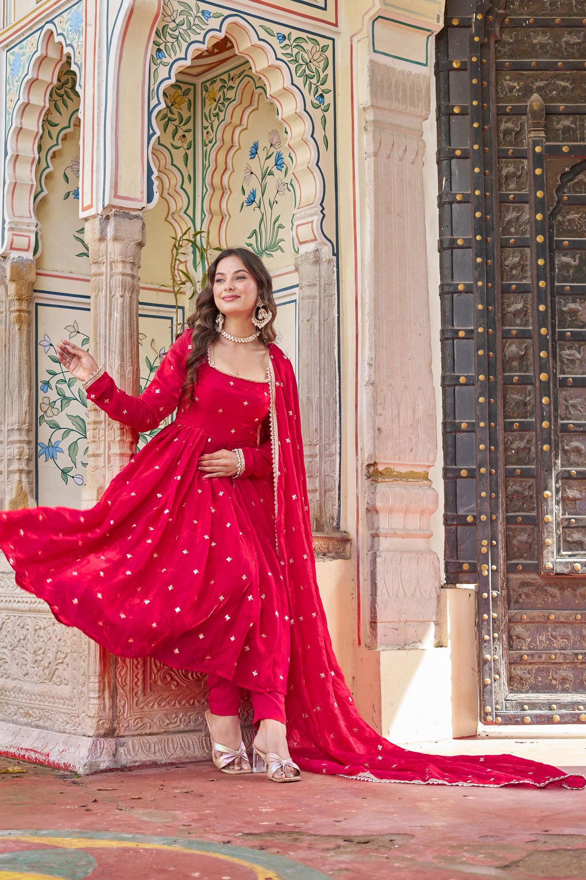 Heavy Fendi Silk Suit with Sequin & Thread Embroidery and Lace Dupatta