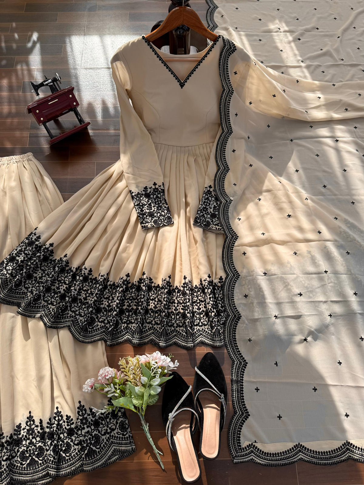 Premium Faux Georgette Plazzo Suit with Elegant Thread Embroidery & Dupatta