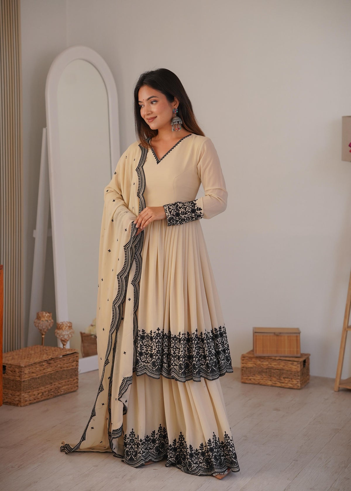 Premium Faux Georgette Plazzo Suit with Elegant Thread Embroidery & Dupatta