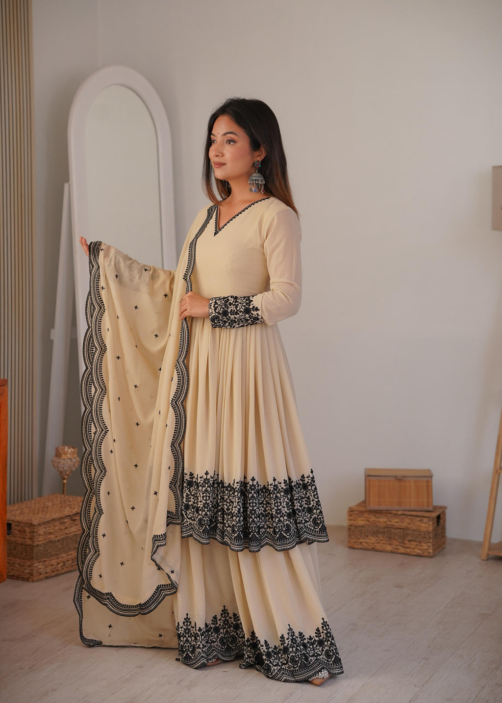 Premium Faux Georgette Plazzo Suit with Elegant Thread Embroidery & Dupatta