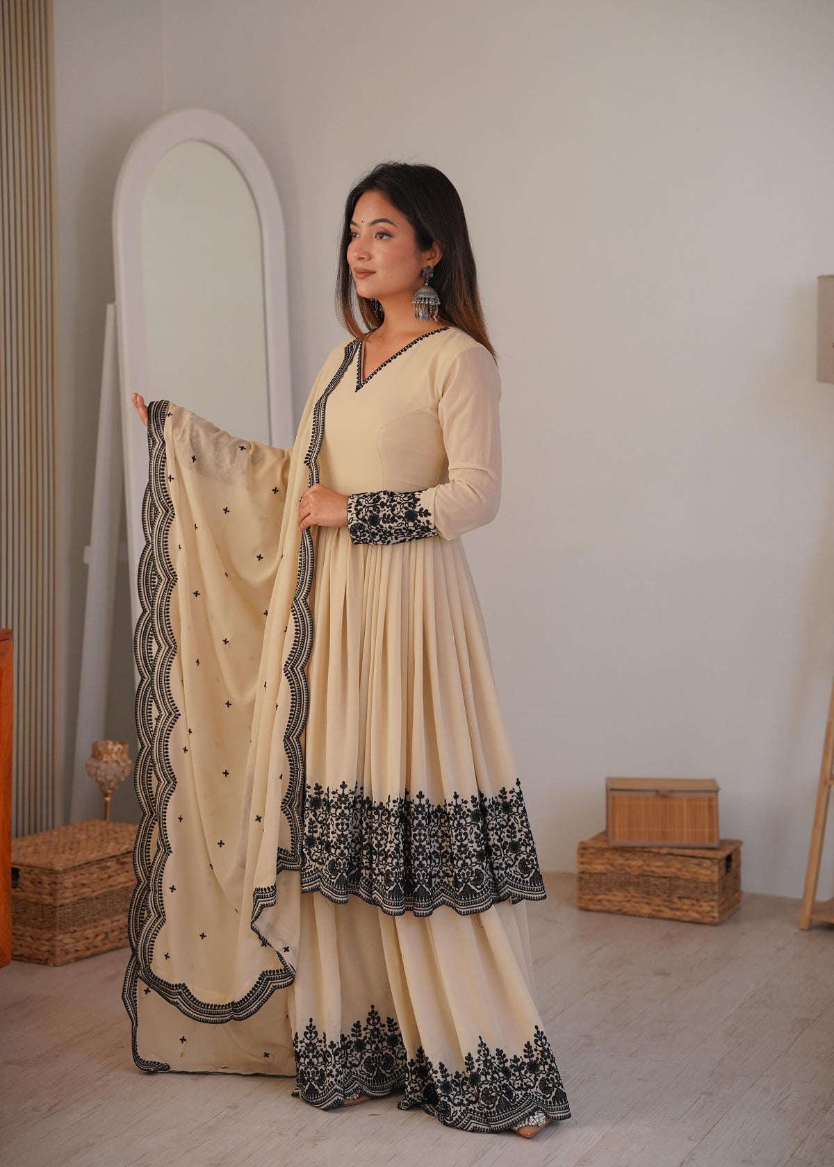 Premium Faux Georgette Plazzo Suit with Elegant Thread Embroidery & Dupatta