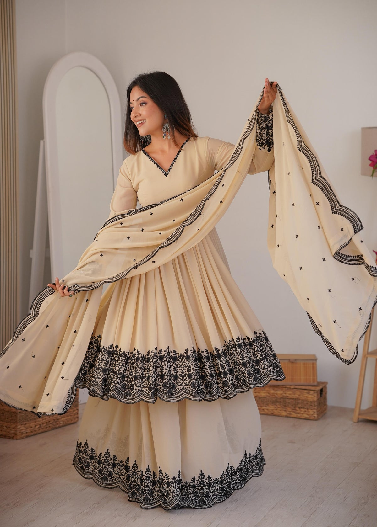 Premium Faux Georgette Plazzo Suit with Elegant Thread Embroidery & Dupatta